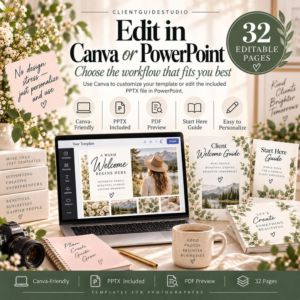 May include: A digital template set for photographers featuring 32 editable pages compatible with Canva and PowerPoint. The set includes a client welcome guide, a start here guide, and various instructional documents with floral and mountain imagery.